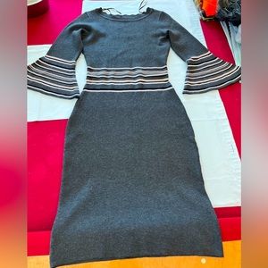 NEW black gray white sweater DRESS long BELL SLEEVE scalloped neck women’s small